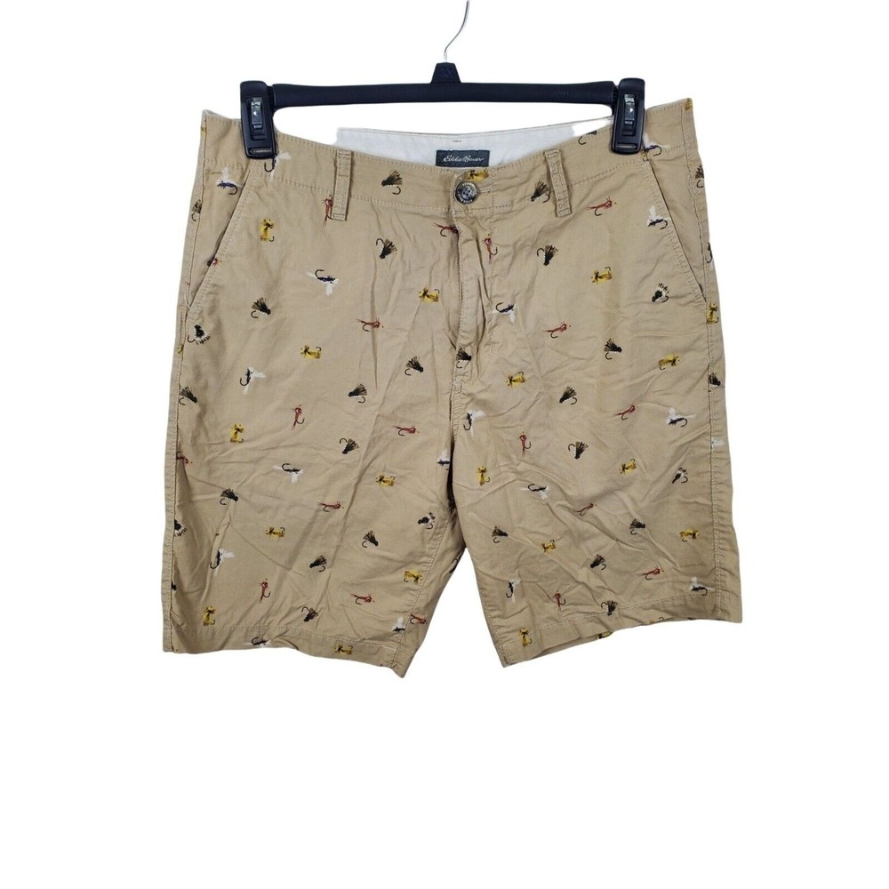 Eddie Bauer Mens Shorts 35 Fishing Lures Tan Multicolors Knee Length Casual Summ